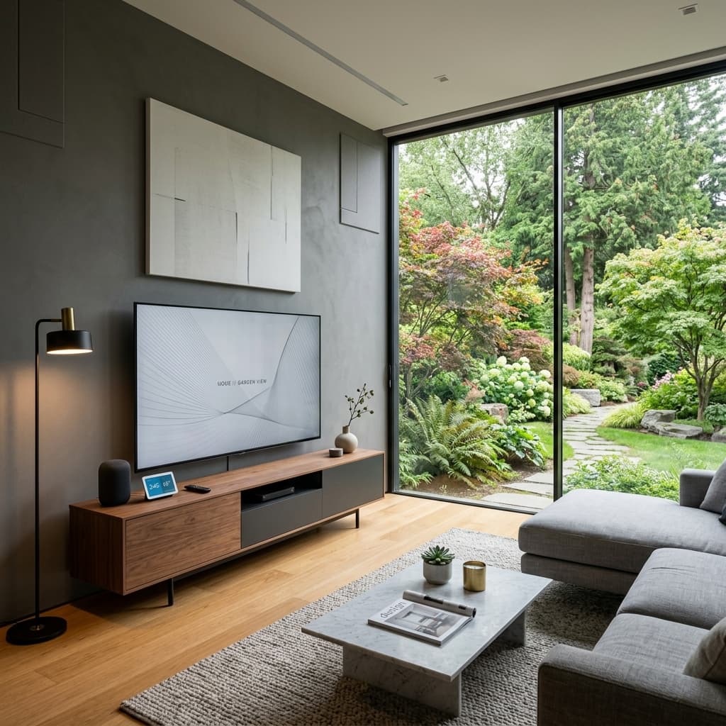 A living room with a new TV